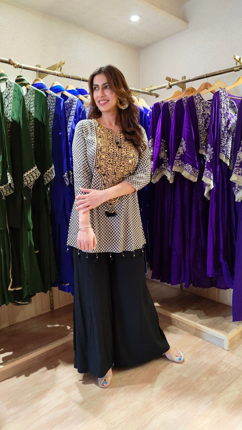 Criss Cross Black White with Gold Embroidery Coord Set